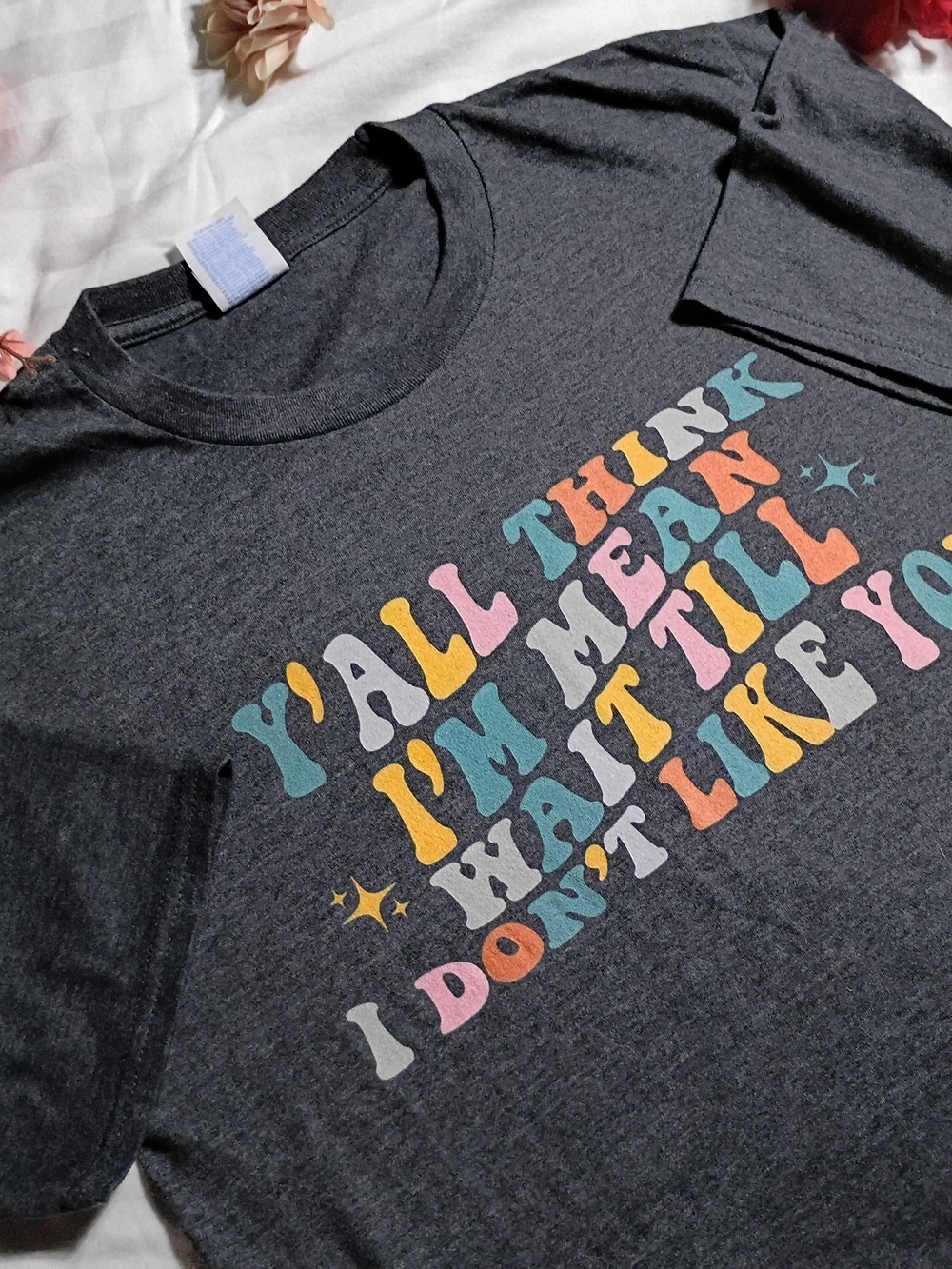 NWOT Women's Charcoal Graphic Tee with Multicolor Retro Lettering